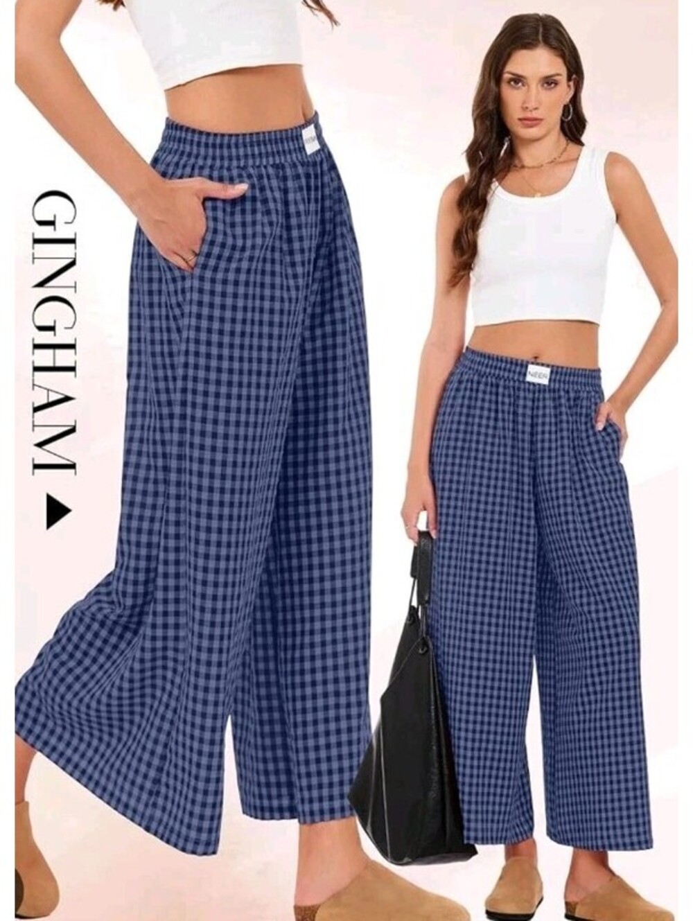 Neer Gingham Wide Leg Palazzo Pants Women  Blue  Elastic Waist Cottagecore NWT S